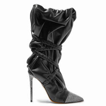 Load image into Gallery viewer, Women&#39;s Faux Leather Embellished Crystal Design Ruffle Ankle Boots