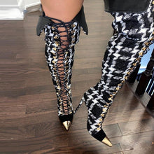 Load image into Gallery viewer, Women&#39;s Lace Front Gladiator Design  Pointed Toe Thigh High Boots