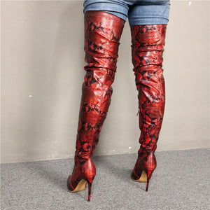 Women's Snake Print Design Thigh High Pointed Toe Boots
