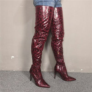 Women's Snake Print Design Thigh High Pointed Toe Boots
