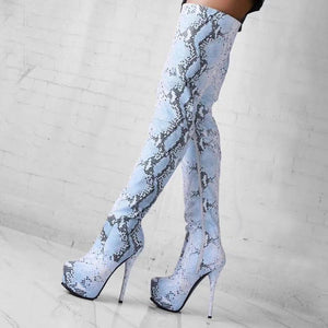 Women's Snake Print Design Platform Thigh High Boots