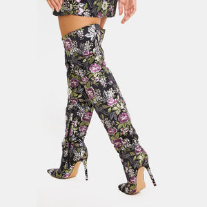 Women's Elegant Floral Print Design Thigh High Boots