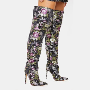 Women's Elegant Floral Print Design Thigh High Boots