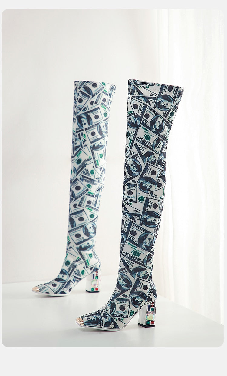 Women's Money-dollars Print Design Thigh High Boots