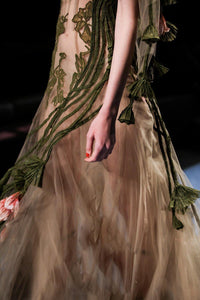 Green Ruffle Embroidery Elegant Sheer Floral High-end Gown - Ailime Designs