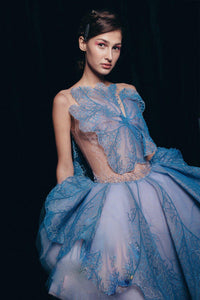 Charming Blue Sheer Ruffle Layer High-end Elegant Gown - Ailime Designs