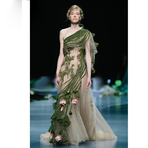 Green Ruffle Embroidery Elegant Sheer Floral High-end Gown - Ailime Designs