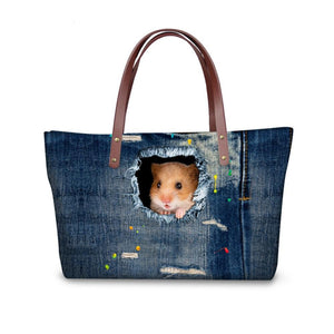 Denim Style Ground Hog & Kittens Torn-Hole Print Design Tote Bags - Ailime Designs