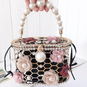 Bucket Design Black Pearls & Flowers Stylish Purses - Ailime Designs