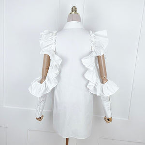 Cool White Hollow-cut Shoulder Women's Long Shirt - Ailime Designs