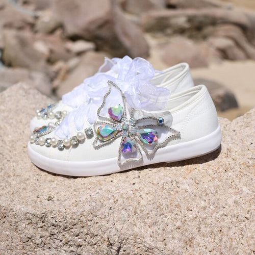 Cool White Butterfly Design Sequin Sneakers- Ailime Designs