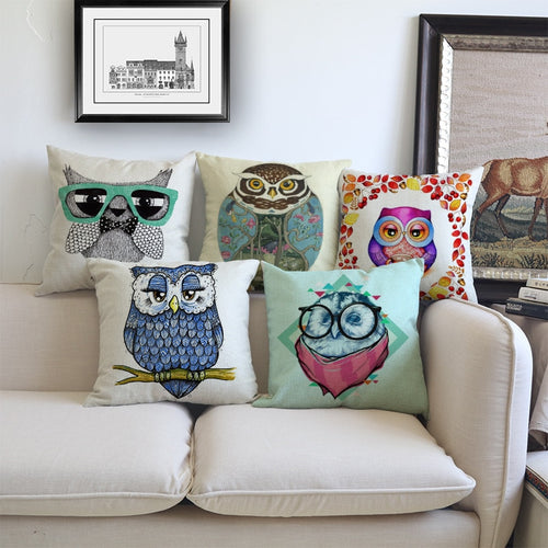 Owl Print Design Linen Throw Pillow Cases