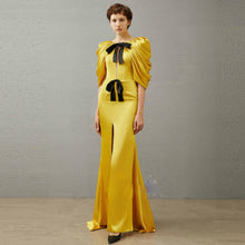 Load image into Gallery viewer, Classic Design Yellow Satin Ribbon Drape Evening Gown - Ailime Designs