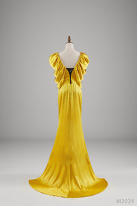 Classic Design Yellow Satin Ribbon Drape Evening Gown - Ailime Designs