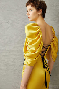 Classic Design Yellow Satin Ribbon Drape Evening Gown - Ailime Designs