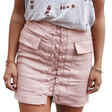 Load image into Gallery viewer, Women&#39;s Faux Suede Lattice Tie Front Pencil Skirt - Ailime Designs