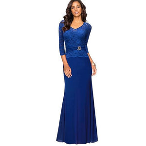 Blue Elegant Women's Long Sleeve Lace Peplum Dress -Ailime Designs - Ailime Designs
