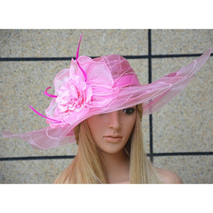 Women's Wide Brim Church Hats w/ Rose Flower Design - Ailime Designs