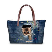 Load image into Gallery viewer, Denim Style Ground Hog &amp; Kittens Torn-Hole Print Design Tote Bags - Ailime Designs