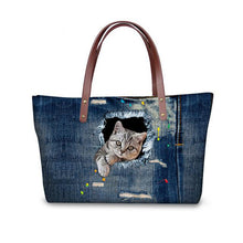 Load image into Gallery viewer, Denim Style Ground Hog &amp; Kittens Torn-Hole Print Design Tote Bags - Ailime Designs