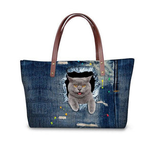 Denim Style Ground Hog & Kittens Torn-Hole Print Design Tote Bags - Ailime Designs