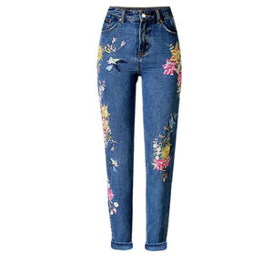 Women's Floral Embroidery Straight Leg Design Denim Jeans  w/ Pockets - Ailime Designs