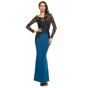 Women's Lace Bodice Arch Design Long Sleeve Gown Dresses w/ Solid Panel - Ailime Designs