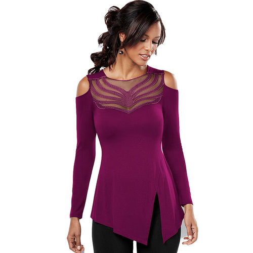Women's Sheer Hollow-out Shoulder Long Sleeve Tops - Ailime Designs - Ailime Designs