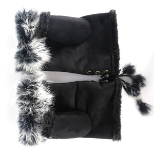 Unique Fashion Women's Faux Rabbit Fur Half Finger Gloves w/ Side Panel String Tie Tassel - Ailime Designs