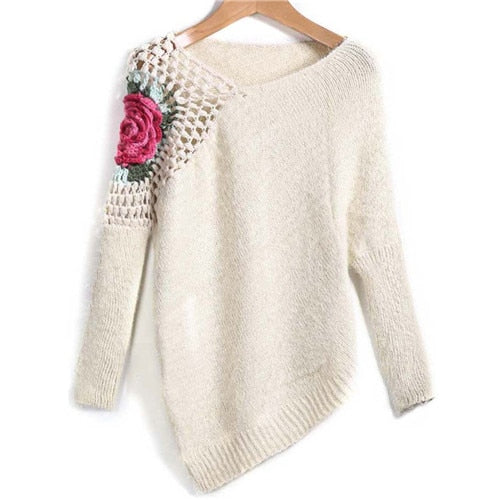 Asymmetrical Hemline White Lattice Sweaters For Women - Ailime Designs