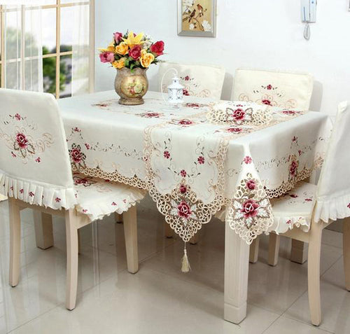 Elegant Polyester Satin Floral Tablecloths -  Rose  Pink Embroidered  Home Decor - Ailime Designs