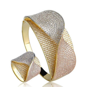 Oversize Women's Heavy Wide Cubic Zircons Bangle & Ring Set - Ailime Designs