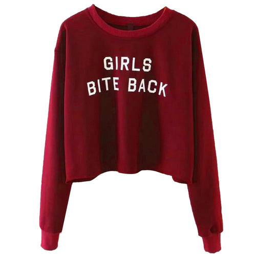 Long Sleeve Women's BITE BACK Text Printed Red Sweatshirt - Crop Waisted Style - Ailime Designs