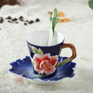 3D Enamel Hand Painted Floral Design 3pc Cup & Saucer Set