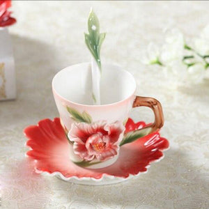 3D Enamel Hand Painted Floral Design 3pc Cup & Saucer Set