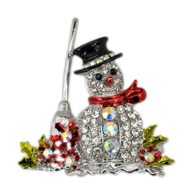 Mr. Snowman w/ Broom & Red Scarf Wrap - Rhinestone Pin Brooches