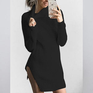 Women's Cowl Neck Ribbed Knitted  Long Sleeve Dresses w/ Side Arch Slit - Ailime Designs