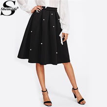 Load image into Gallery viewer, Sheinside Pearl Embellished Boxed Pleated Circle Skirt Women Black Knee Length Elegant Skirt 2017 Work Wear Flared Skirt - Ailime Designs