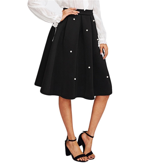 Sheinside Pearl Embellished Boxed Pleated Circle Skirt Women Black Knee Length Elegant Skirt 2017 Work Wear Flared Skirt - Ailime Designs
