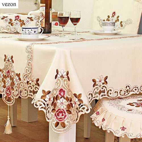 Polyester Satin Embroidered Tablecloths w/ Floral Design Edge Trimmings - Embark On Style - Ailime Designs