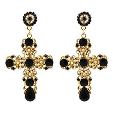 Load image into Gallery viewer, Women&#39;s Vintage Black Crystal Cross Design Drop Earrings
