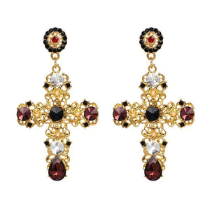 Women's Vintage Black Crystal Cross Design Drop Earrings