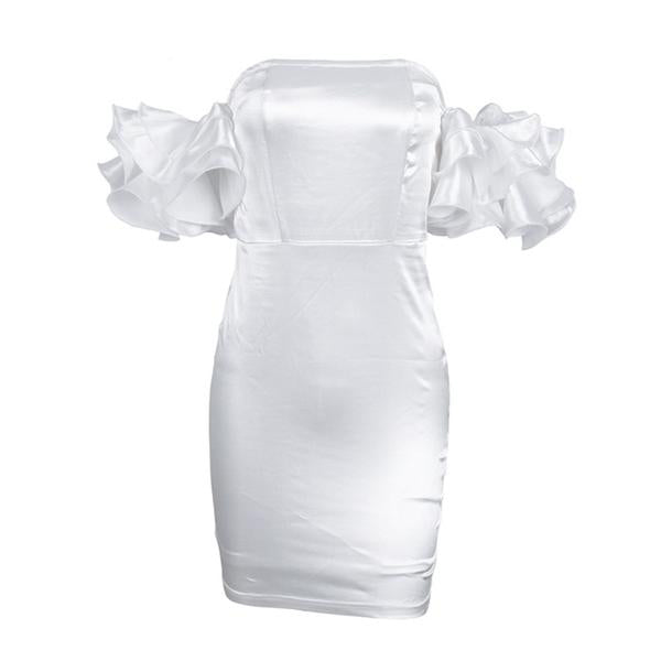 White Satin Women's Puff Sleeve Bandeau Design Dress - Ailime Designs
