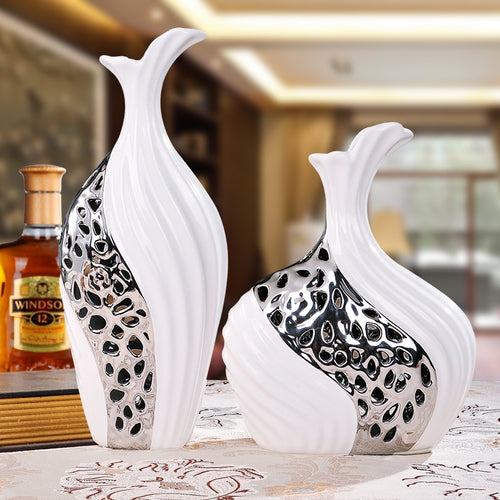 White & Silver Fluted Vases - Elegant Table Dressing - Ailime Designs