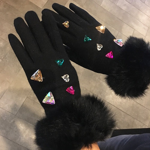 Beautiful Women's Winter Cashmere Gloves - Colorful Crystal Stone Motifs & Rabbit Fur Trim - Ailime Designs