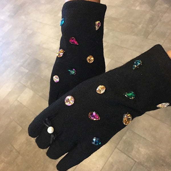 Beautiful Women's Winter Cashmere Gloves - Colorful Crystal Stone Motifs & Rabbit Fur Trim - Ailime Designs