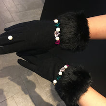 Load image into Gallery viewer, Beautiful Women&#39;s Winter Cashmere Gloves - Colorful Crystal Stone Motifs &amp; Rabbit Fur Trim - Ailime Designs