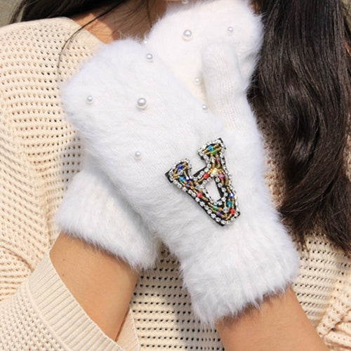 Women's Novelty Faux Pearl & Beaded Alphabet Letter Rabbit Fur Gloves- Fuzzy Soft Warm - Ailime Designs