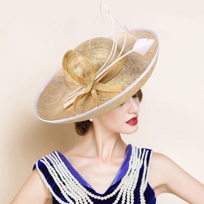 Gold w/ White Piping Trim Design Women's Linen Brim Hats - Ailime Designs