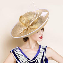Load image into Gallery viewer, Gold w/ White Piping Trim Design Women&#39;s Linen Brim Hats - Ailime Designs